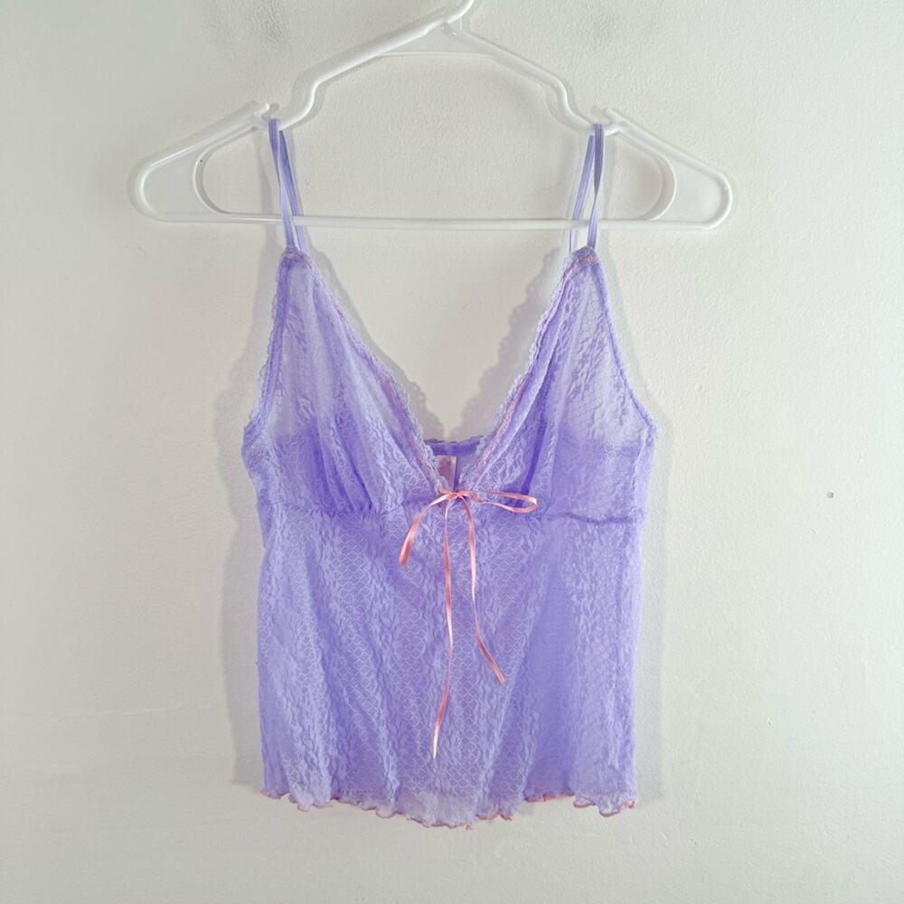 Victoria’s Secret Y2K Purple Lace Pink Ribbon Bow Sheer Cami Tank Crop Medium